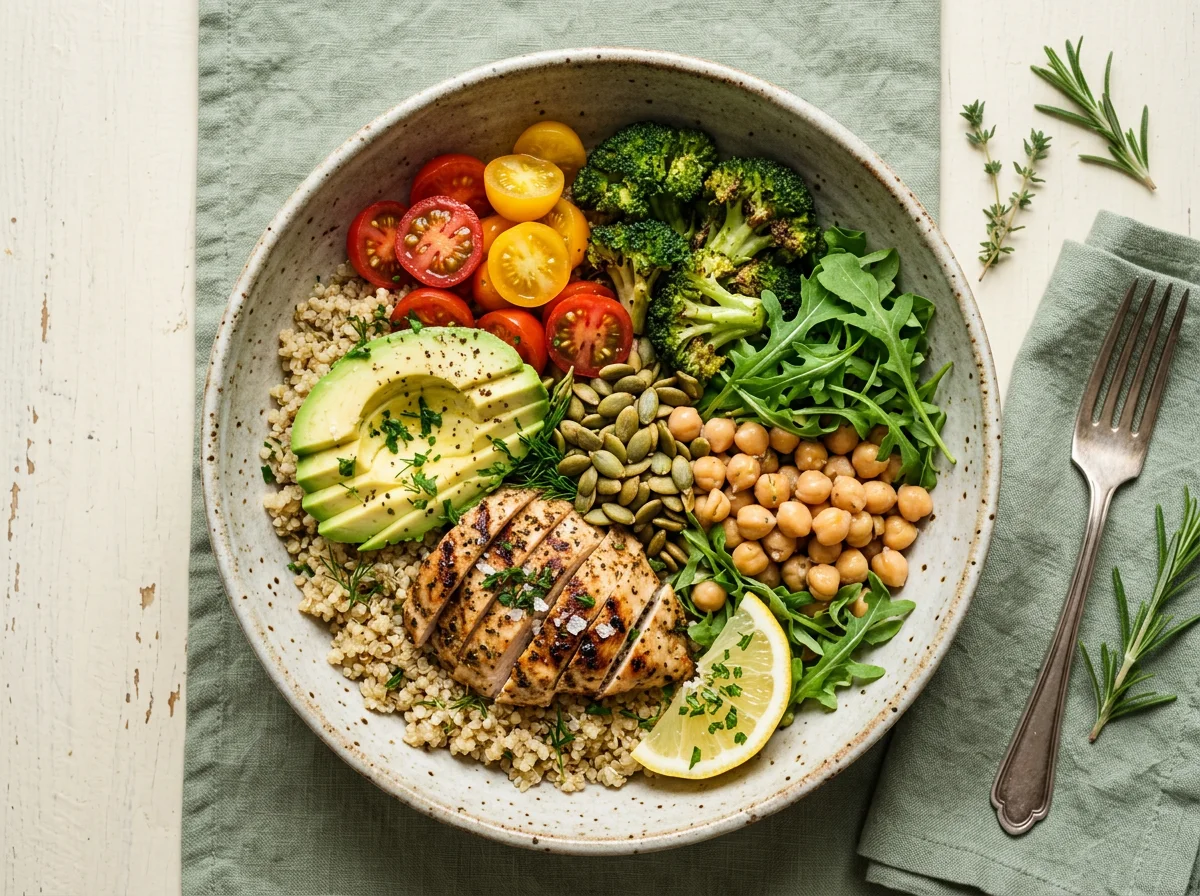 Bowl nutritivo de frango grelhado, quinoa, abacate e legumes frescos